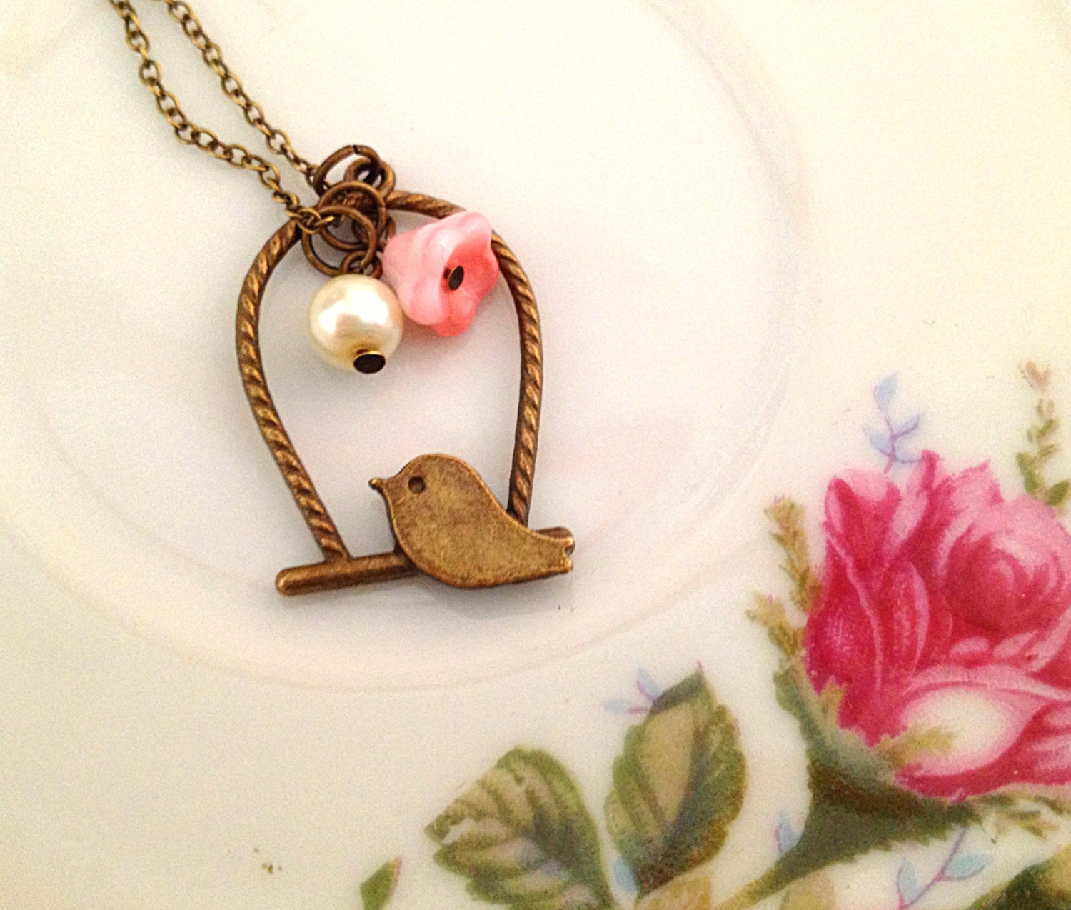 Vintage Style Bird Necklace. Brass. Pink Flower. Ivory Pearl. Romantic. Pink. Little Bird. Under 20. Dainty. Gifts for Her. Bird Jewelry.
