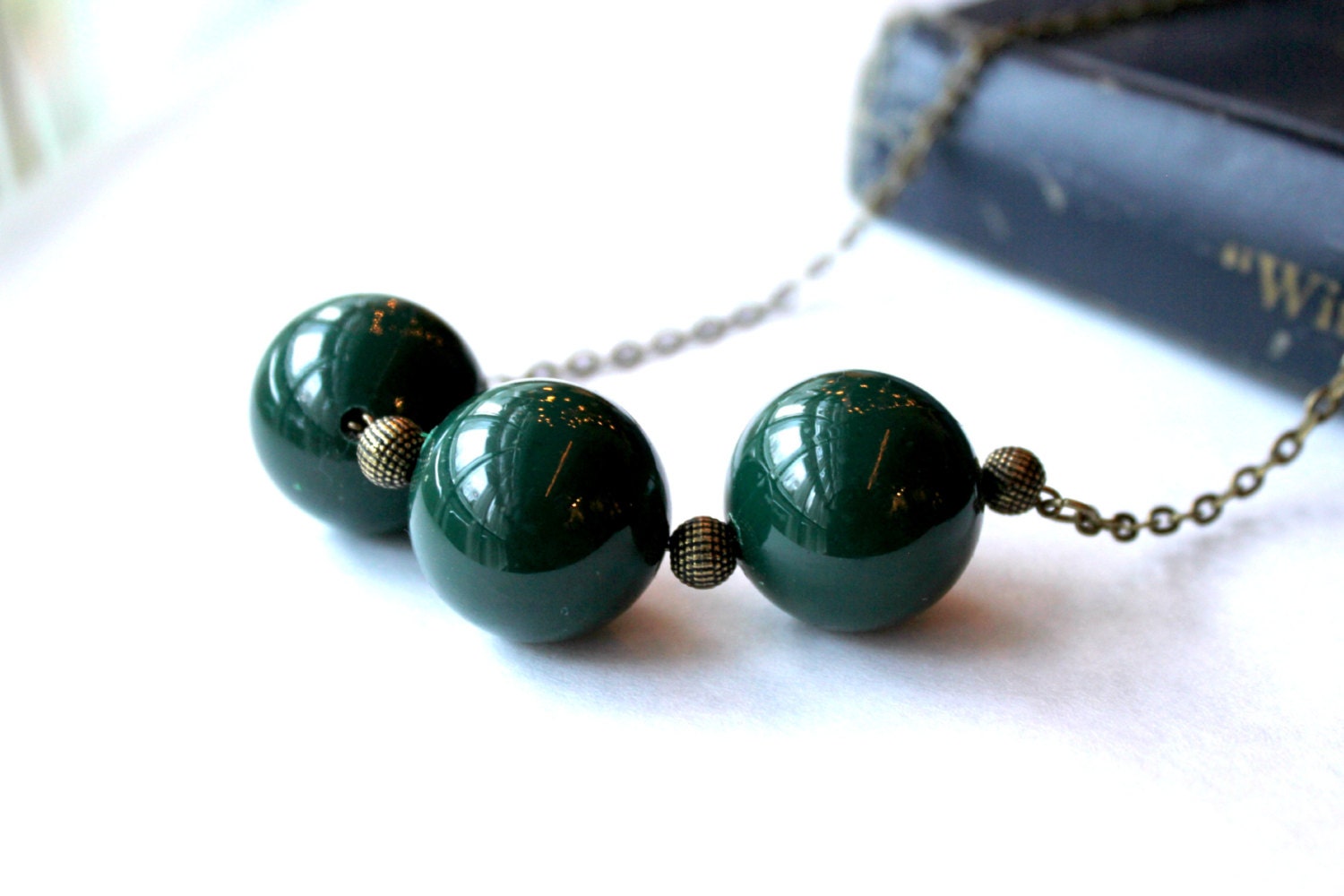 Emerald Green Vintage Bead Necklace, Dark Green Beads with Antique Bronze Accents, Chain, Under 25 - raelwear