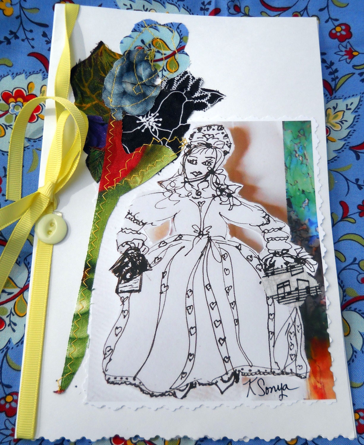 Edwardian Rose Greeting Card, Sewn Card, Mixed Media Original, 5 1/2" x 8 1/2", From Glen To Glen Card