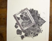 Abstract Framed Amoeba Drawing and Collage Print