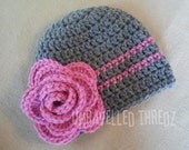 Newborn Hat, Newborn Photo Prop Hat with Flower Baby Girl Pink and Gray