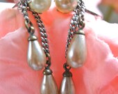 Pearl Earrings Dangle, Vintage Screw On, Champagne, Faux, Silver Chains