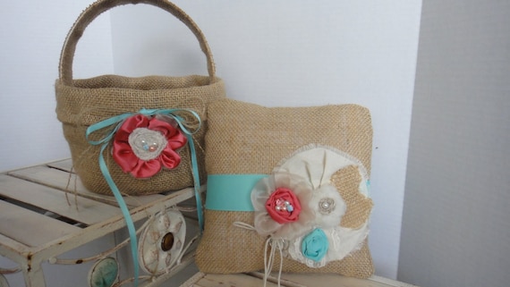 Rustic Burlap Ring Bearer Pillow and Burlap Flower Girl Basket Set Turquoise and Coral Ring Bearer Flower Girl Beach Wedding Burlap