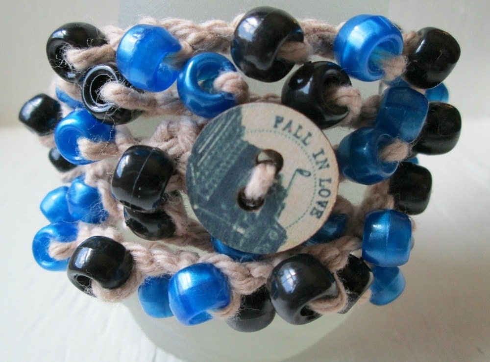 Cityscape Fall in Love Wrap Bracelet, Button Closure, Crochet Cotton Jewelry