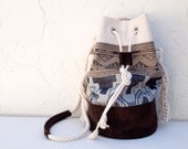 Tribal Print Bucket Bag Aztec Bag Hand Painted Purse Beach Bag Black and White Canvas Chocolate Suede Purse Tote