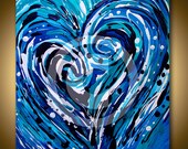 LARGE WALL ART Modern Abstract Heart Love Painting, Original Romantic Blue White Contemporary Expressionist Art, Wedding Engagement Gift