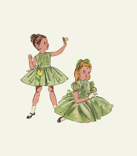 Butterick 1960s Sewing Pattern Girls Party Dress Full Circle Skirt Short Sleeves Pleated Front Bow Tie Button Back Breast 26