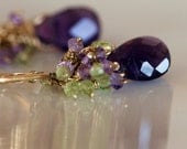 amethyst and peridot earrings,cluster gemstone, dangle,14k gold fill, handmade jewelry by girlthree