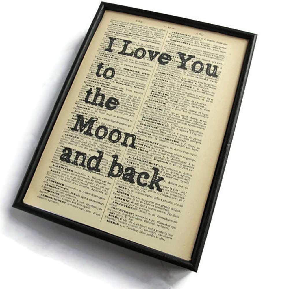Framed Typographic "I Love You To The Moon" French Vintage Book Print, Dictionary Print, Shabby Chic Art Print, Recycled Book Print