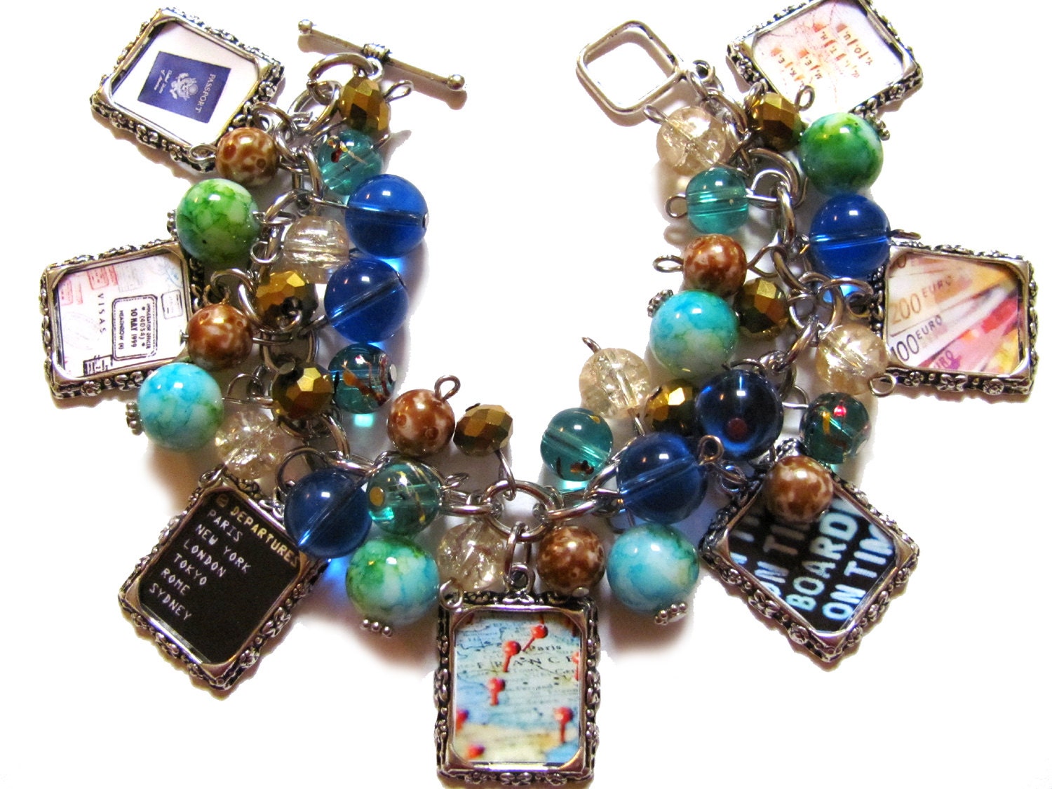 Love to Travel Altered Art Fashion Charm Bracelet Glass Beads Blue Gold Green