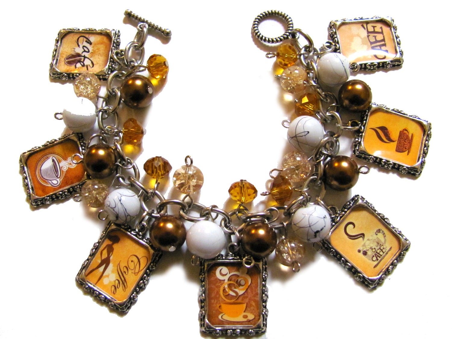Coffee Addict Altered Art Charm Bracelet Tan Brown Golden White Glass Beads