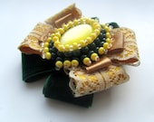 Handmade beaded brooch-cameo in dark green, golden and yellow-brooch with ribbons-brooch with lace-jabot-neckalce