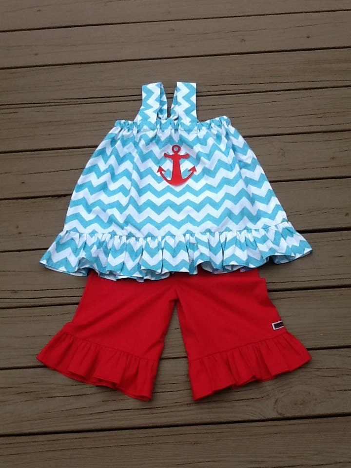 Girls chevron anchor baby doll top  & ruffle shorts, capris, or pants. Aqua white chevron. Custom children's clothing by EverythingSorella