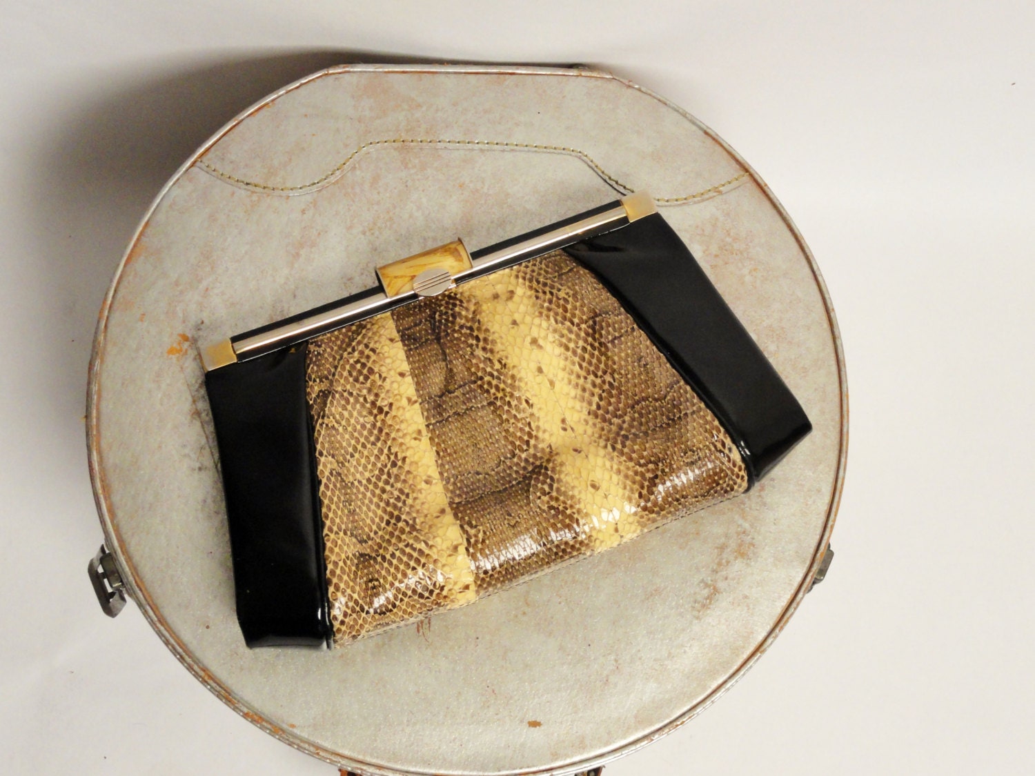 vintage 50s snakeskin chain purse - genuine snakeskin and black vinyl leather - shoulder chain strap