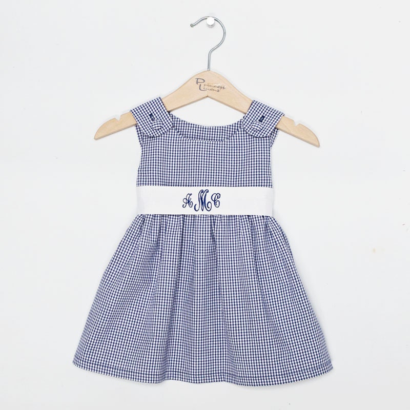 Girls navy blue gingham dress with monogram embroidery on sash