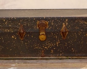 VINTAGE STEAMER TRUNK - Black Exterior Floral Print Original Lined Interior Brass Locks and Hardware