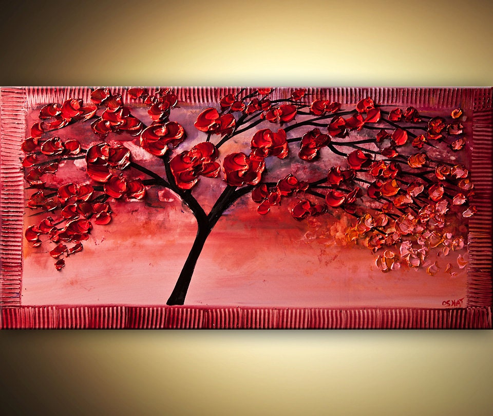 ORIGINAL Abstract Painting Contemporary Red Blooming Tree On Pink Acrylic Painting Palette Knife by Osnat Tzadok