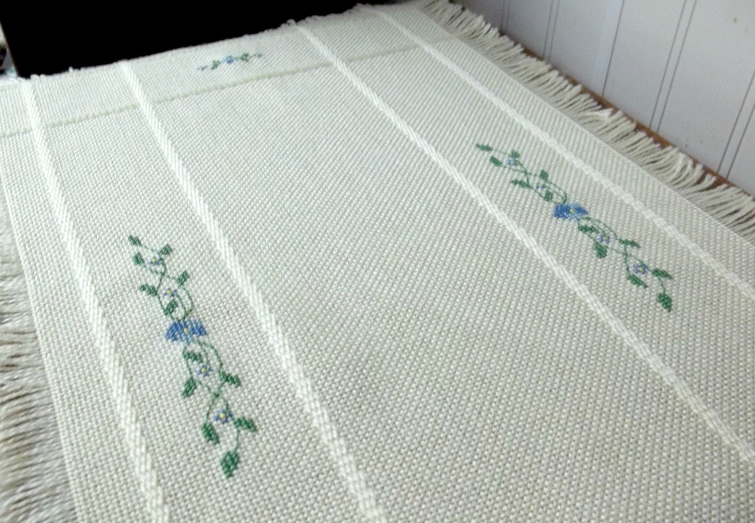 Blue Floral Cross Stitched Table Runner