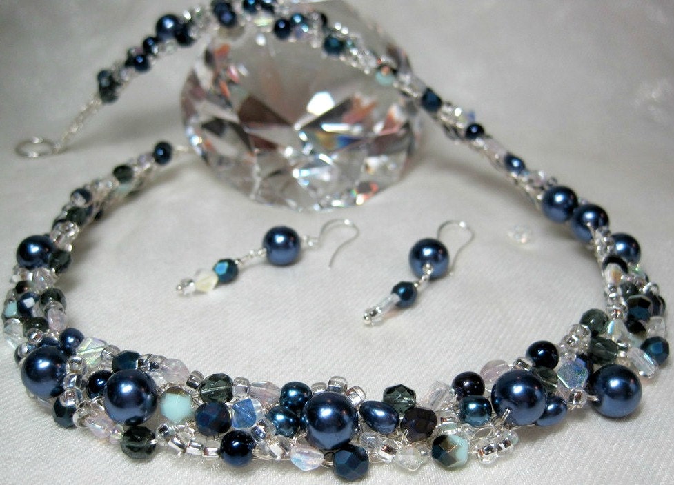 Navy Blue Crocheted Wire Necklace Set, handmade wire crochet jewelry