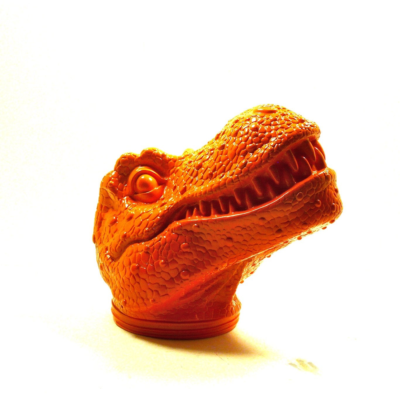 dinosaur head, orange decor, weird, odd, unique, pop art, animal heads, dinosaurs, trex, toys, kids, science art, found object