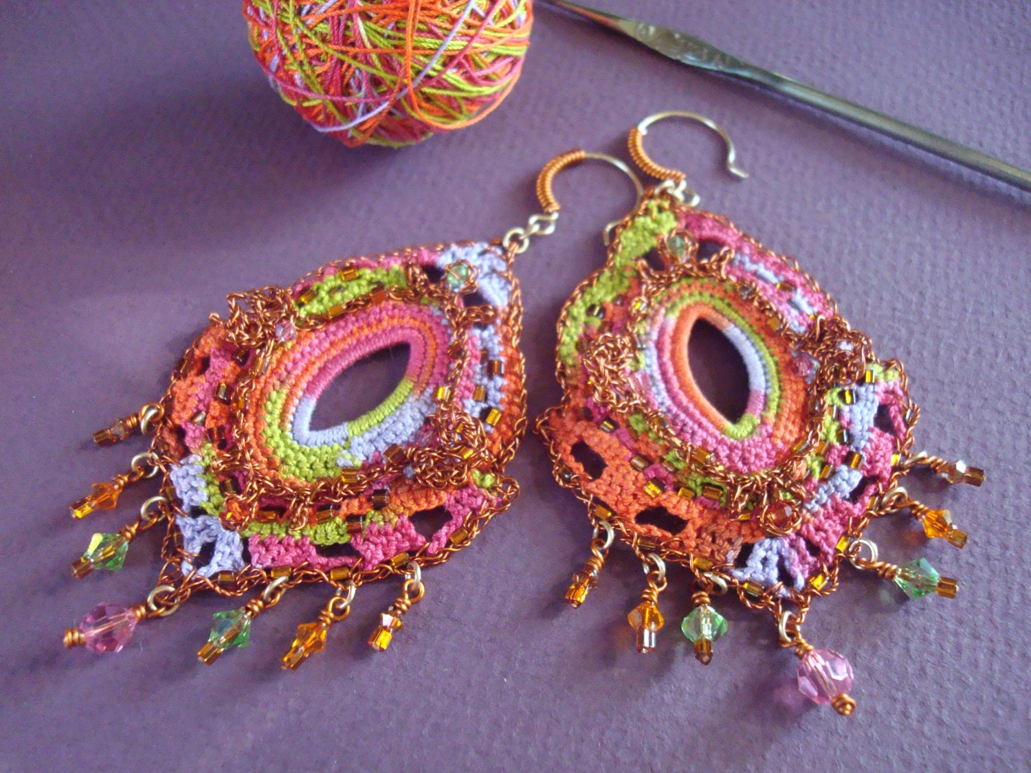 Crocheted Wire n Egyptian Cotton Earrings mixed media Swarovski crystals