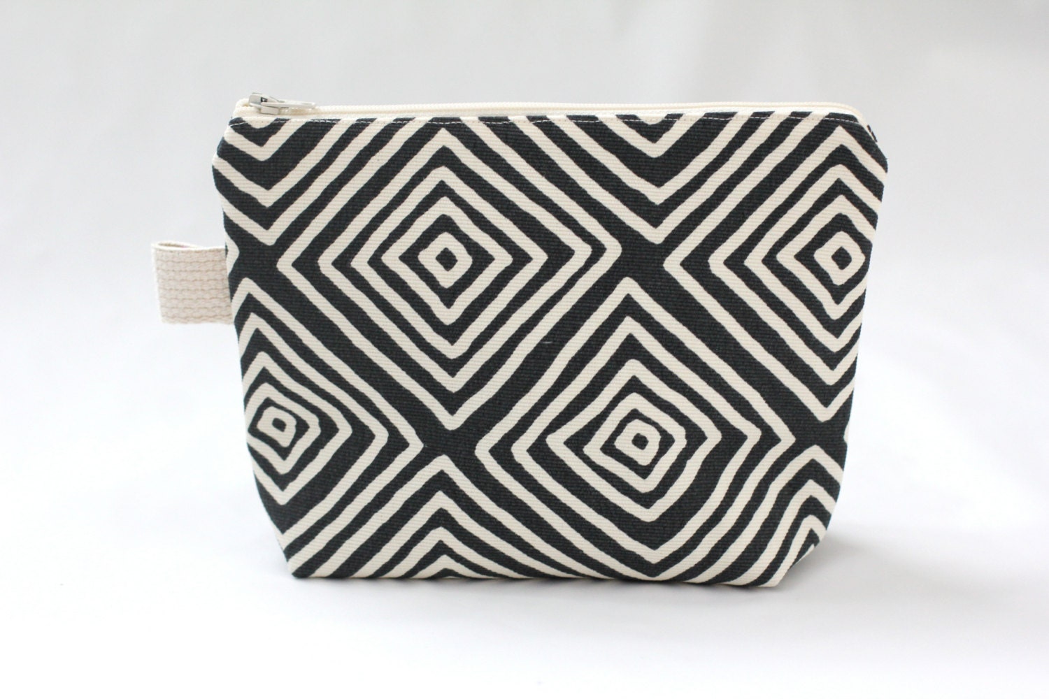 Zipper Pouch - Charcoal Gray and Natural White Concentric Diamonds