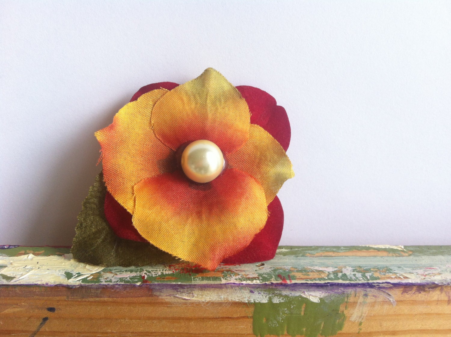 Red & Orange Silk Flowers with Pearl Center