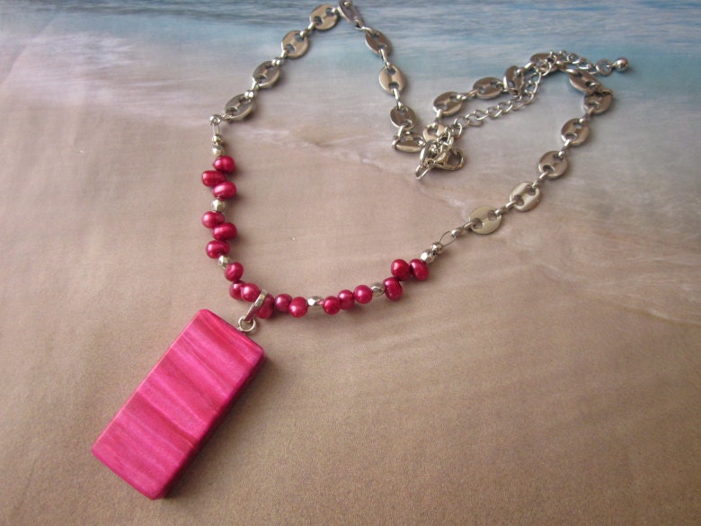 Artisan Handmade Curly Maple Hot Pink Wood Pendant on Fresh Water Beaded Pearl and Chain Necklace