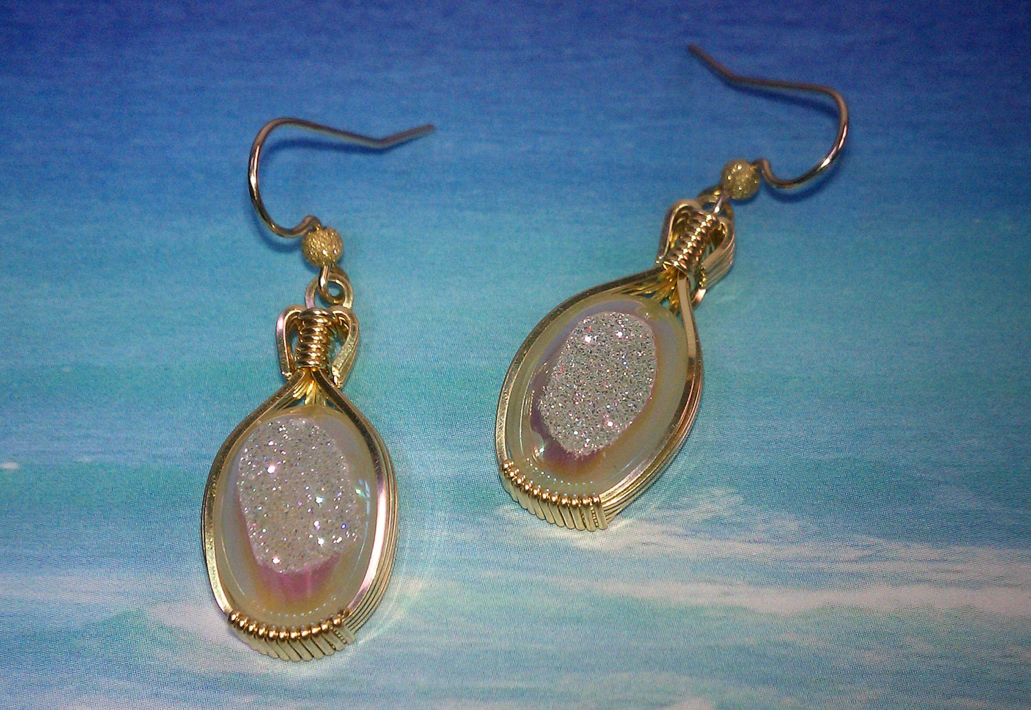 White Crystal Druzy Earrings Wire Wrapped