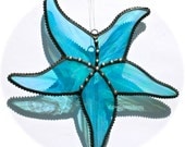 Stained Glass STARFISH Suncatcher--Wispy Turquoise with Rainbow Iridescence-- USA Handmade Original