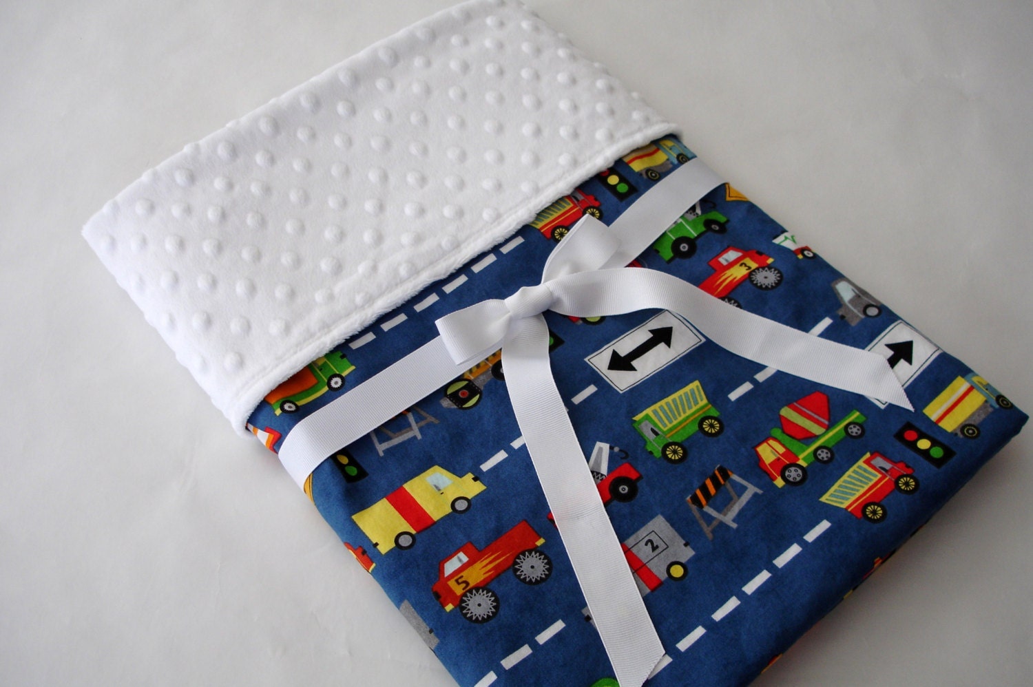 Baby Boy Blanket - "Ten Little Things - Trucks" in navy by Michael Miller with White Minky - 30" x 35"