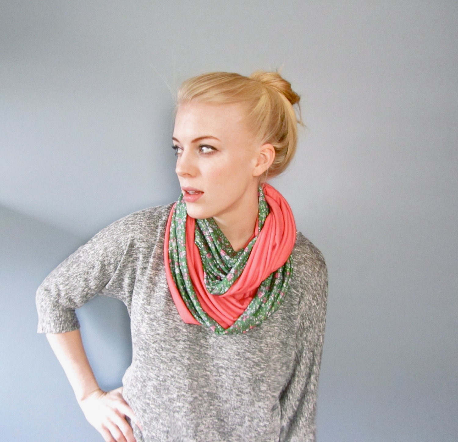 Green & Coral Infinity Scarf, Loop Scarf, Tube Scarf, Circle Scarf, Two Tone Floral Jersey, Soft