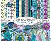 Peacock Digital Scrapbook Kit Papers in Turquoise, Aqua Blue, Purple, Green for Digital Scrapbooking, Cards, Instant Download