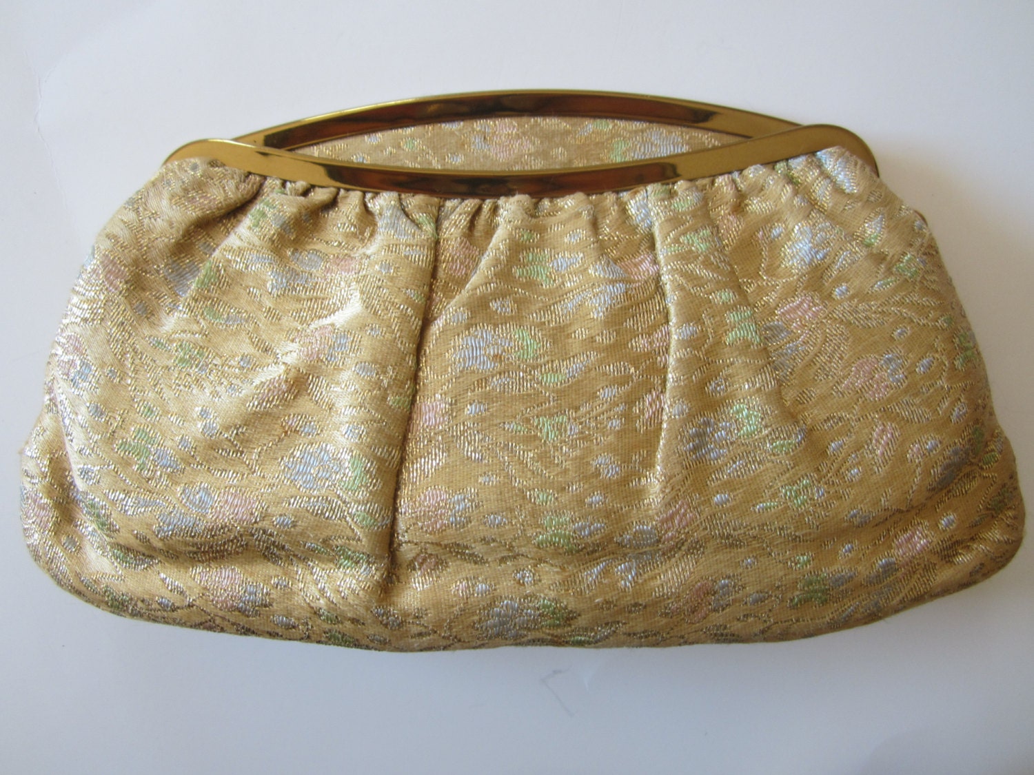 Vintage Jugber Evening Purse - Gold With Pastel Tapestry With Change Purse - Womens Vintage Accessories - Prom Bag