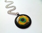 Creepy Monster Zombie Evil Eyeball Yellow and Green Hipster Cameo Necklace