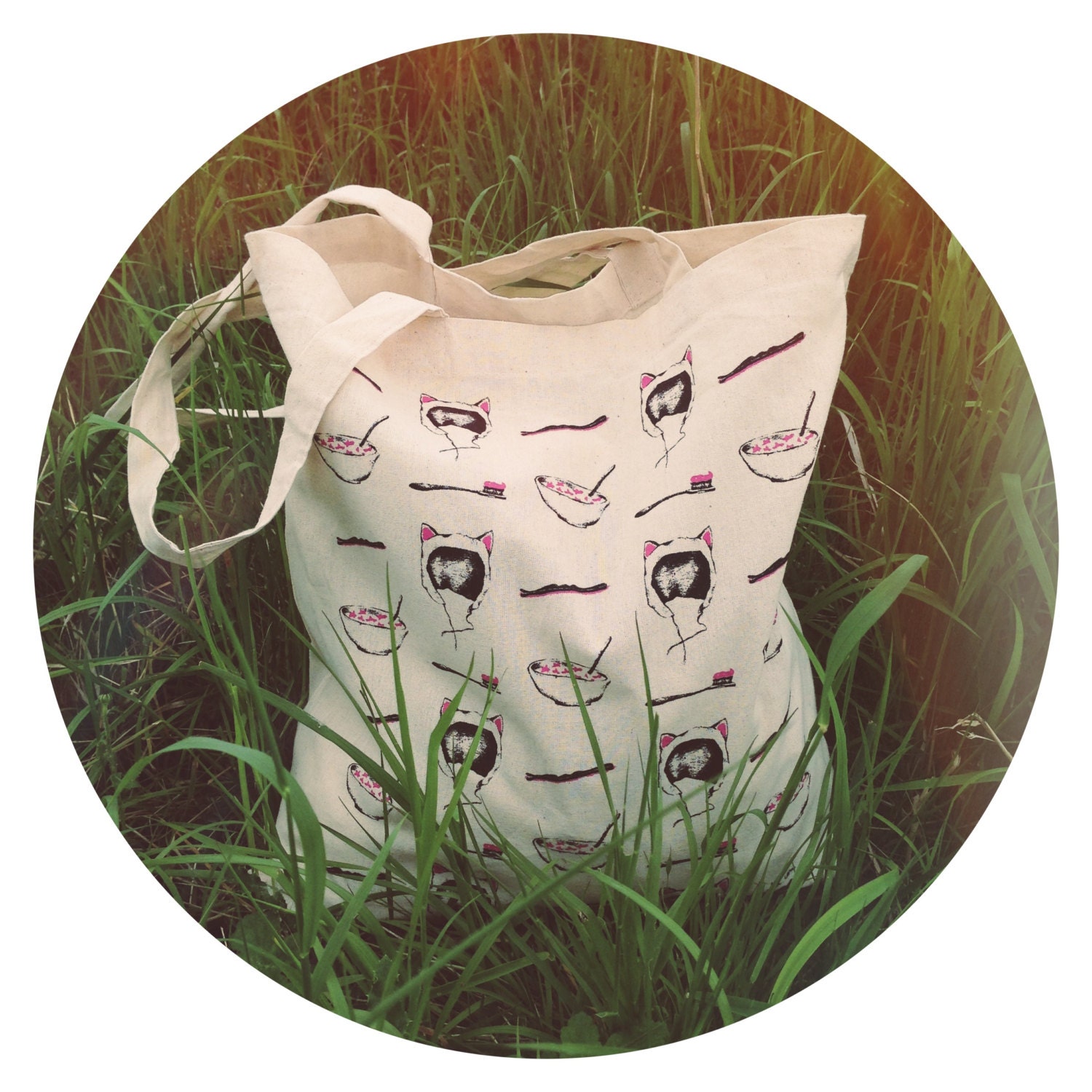 Screenprinted 'Morning items' illustration eco cotton canvas tote bag with stars, bobby pins, cat hat and breakfast pattern.