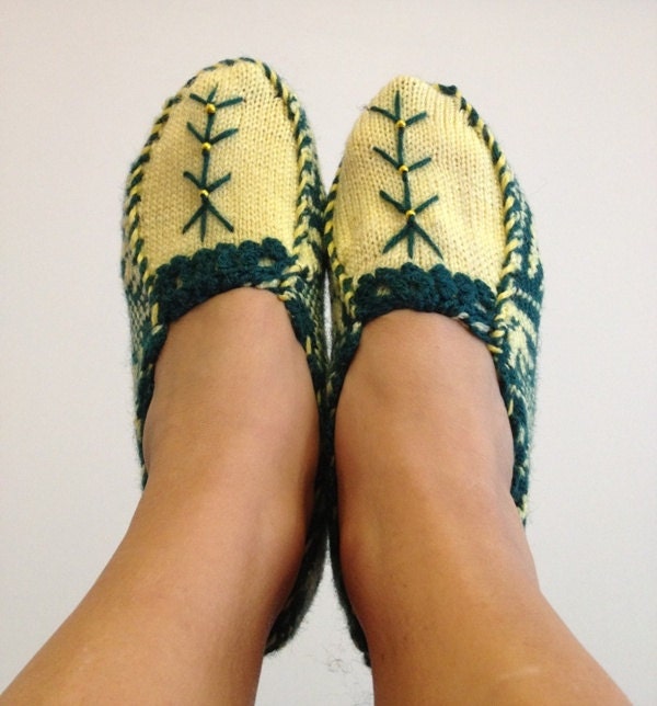 Yellow and Green  Otantic slippers, special knitting slippers,Home slippers - Turkish Slippers