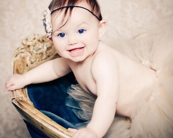 Elegant Vintage Cream Couture Tutu Set with  Matching Rhinestone Pearl Headband Photography Prop