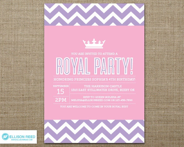 Princess Invitation - Princess Printable - Crown - Chevron - Pink Birthday - Girl Birthday Invitation - Printable Party - Pink- Purple Il_570xn