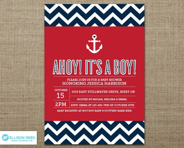 Nautical Baby Shower Invitation - Nautical Printable - Anchor - Chevron - Boy Baby Shower Invitation - Baby Shower Printable - Blue - Red Il_570xn