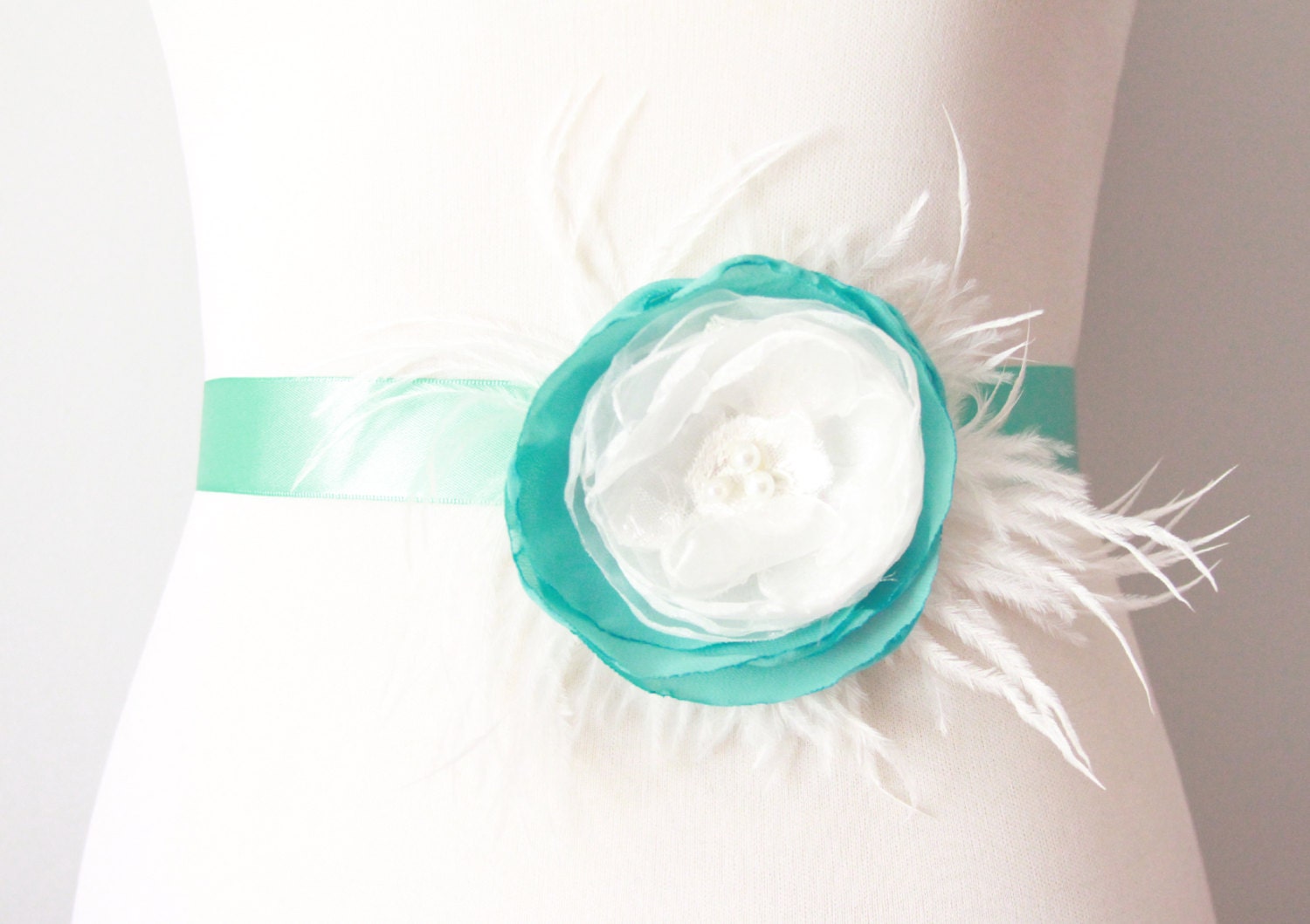 Bridal Couture - Wedding Dress Sashes Belts - Chiffon Lace Flower Pearls Beaded Feather Sash Ribbon Belt