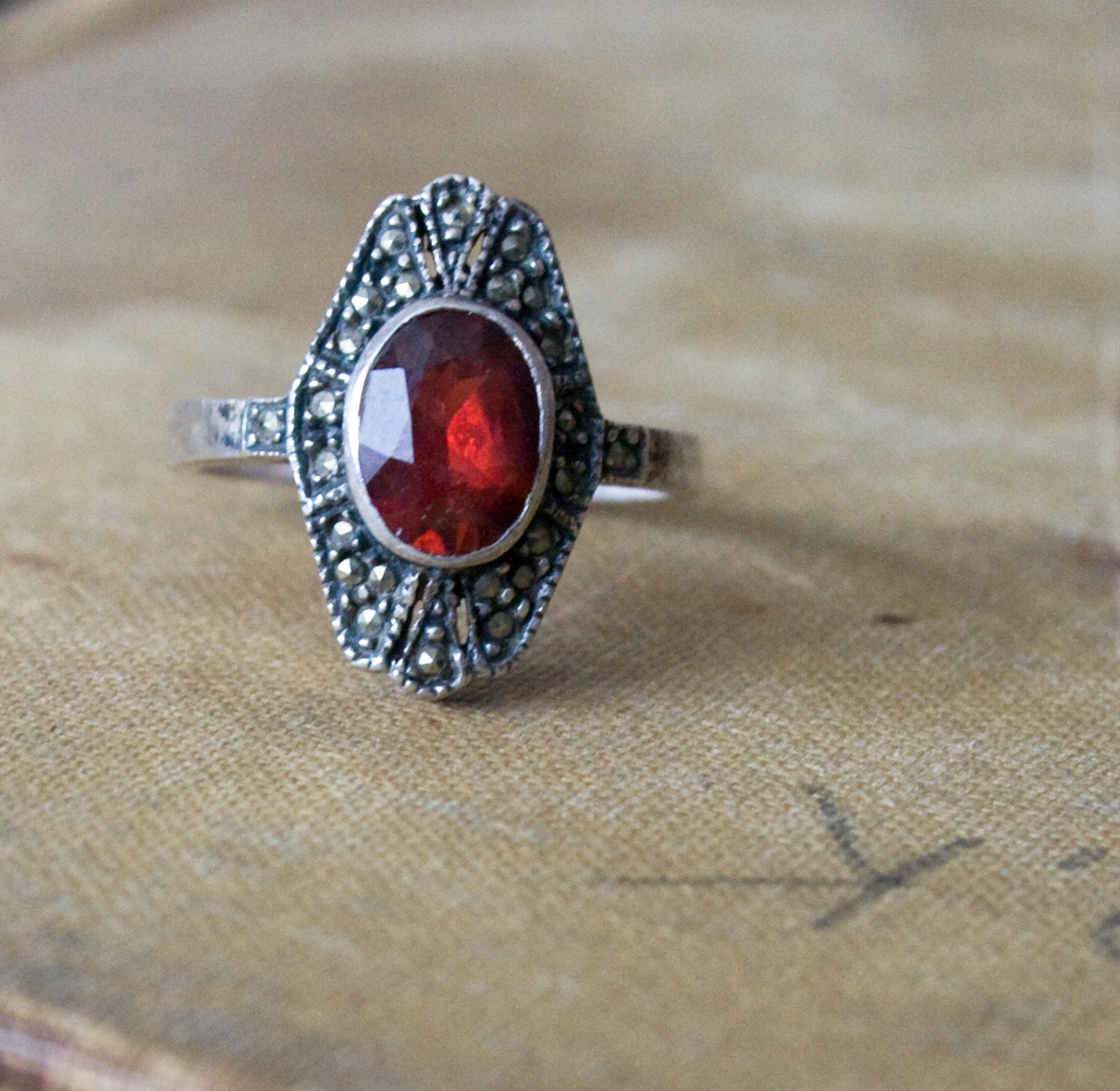 Vintage ART DECO ring - Flapper Cocktail Ring - 1920s Jewelry - Red Garnet and Marcasite Ring . Sterling Silver