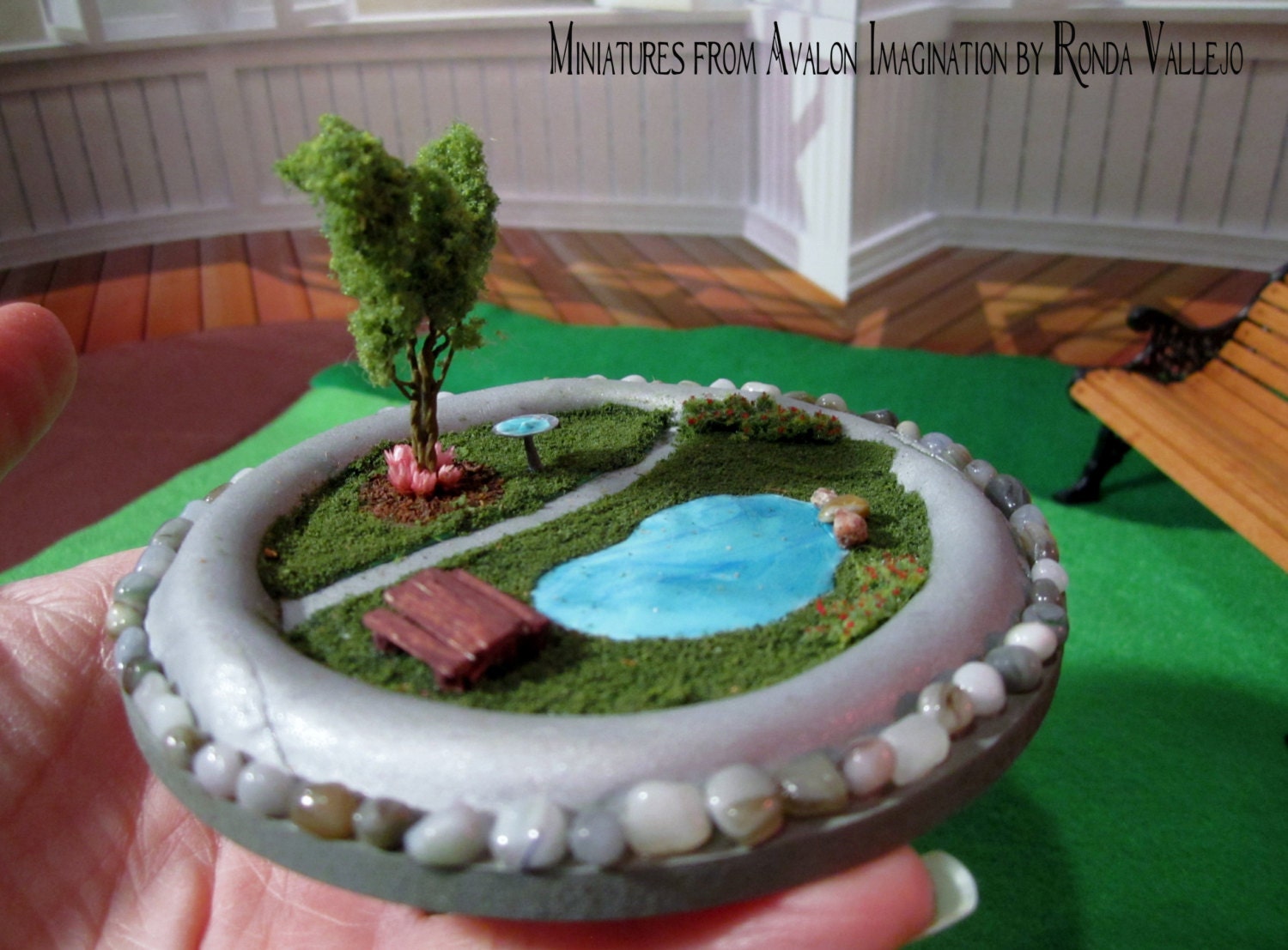 Tiny miniature garden for your dollhouse - Hand-made 4 inch diameter miniature garden. 1:6th or One Inch Scale