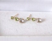 14K Gold Earrings SOLID Artisan Altered Vintage New Backs Post Earrings Genuine Periodot & Prasiolite Gemstone Graduated