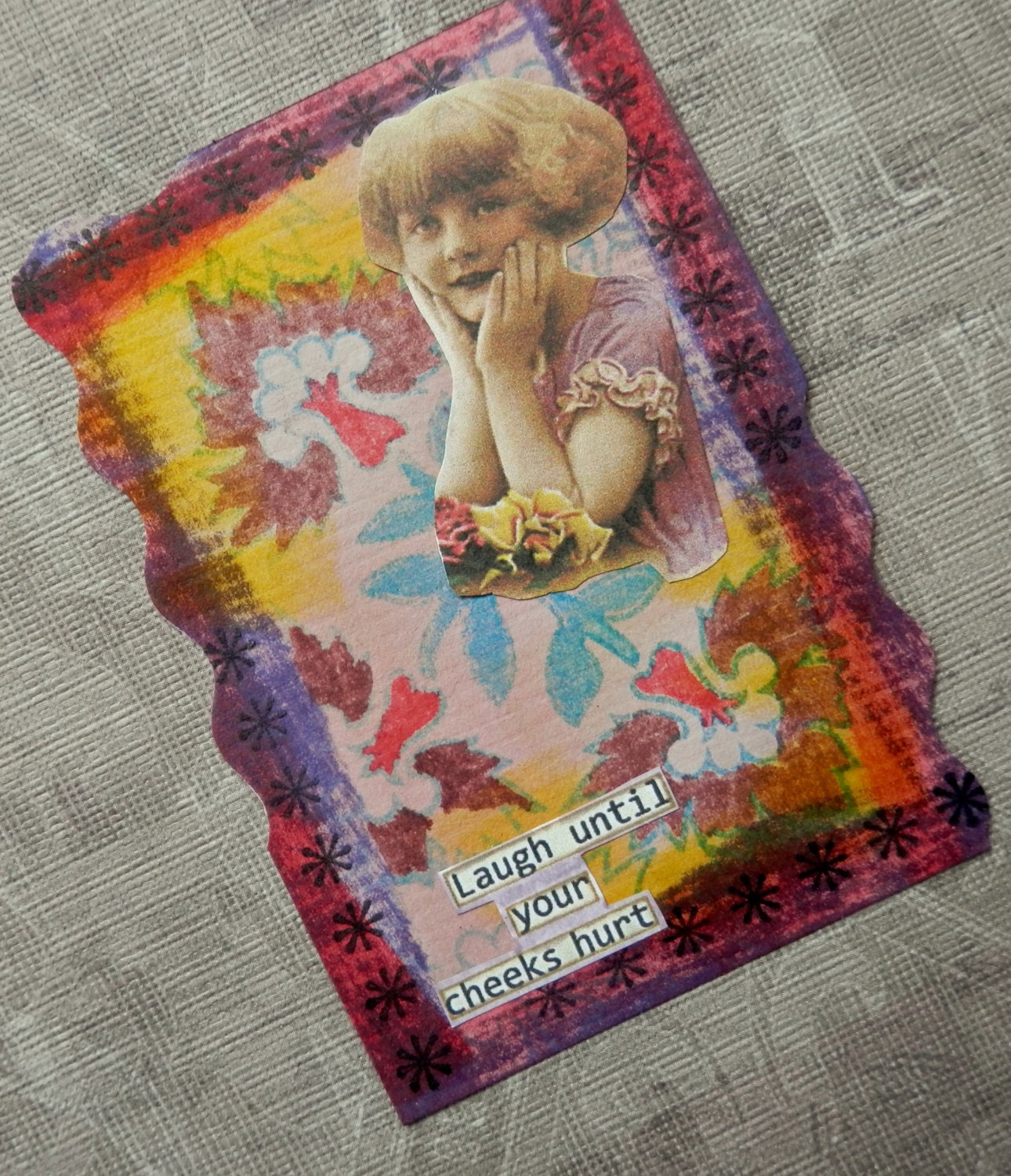 OOAK ACEO ATC collage and ink "Laugh Until Your Cheeks Hurt"