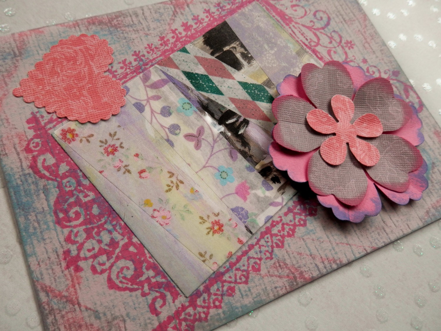 OOAK Collage and Ink Card with Dimensional Flower