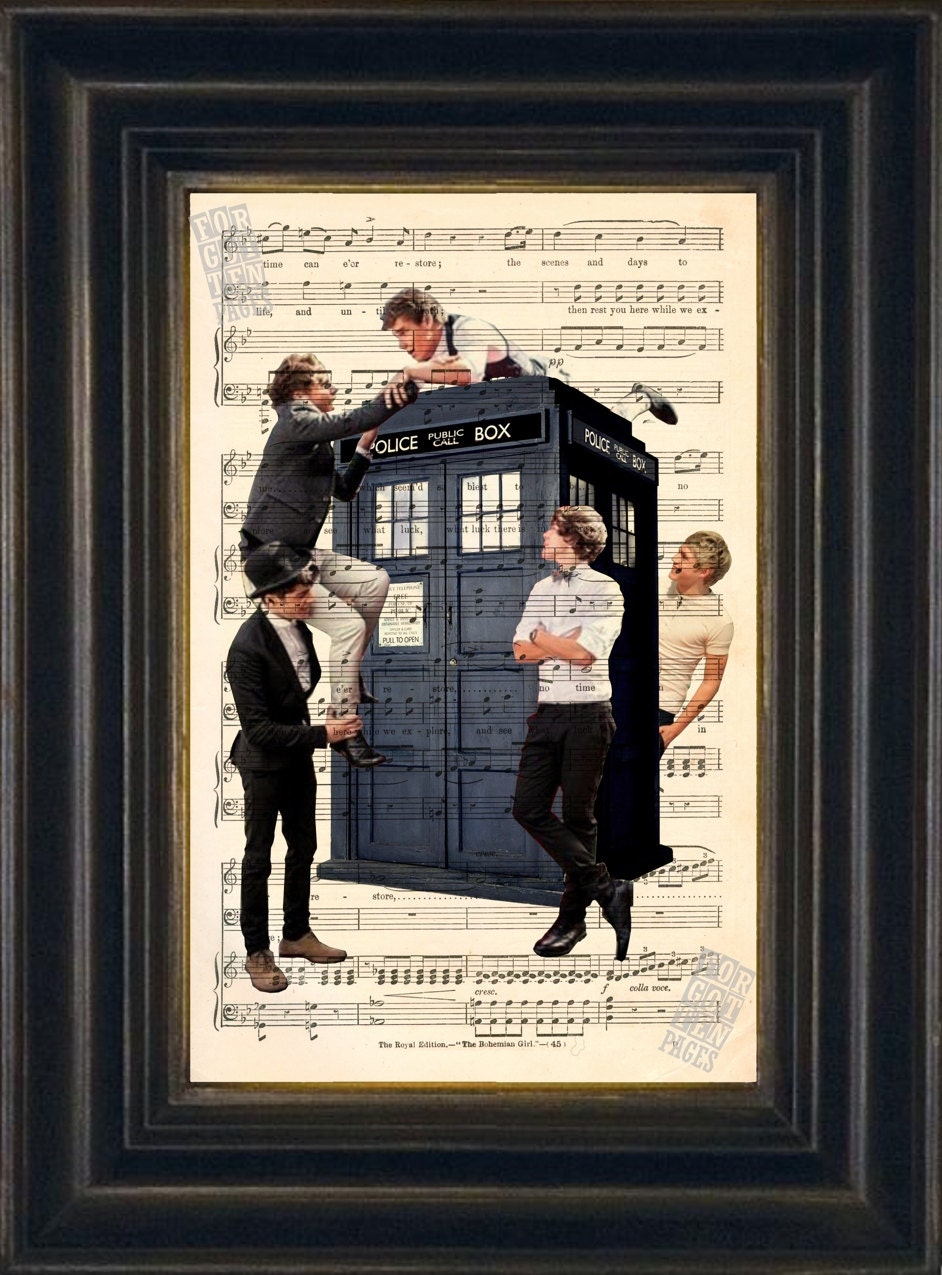 One Direction on Dr Who Tardis Print on Recycled Sheet Music Mixed Media Digital Print page