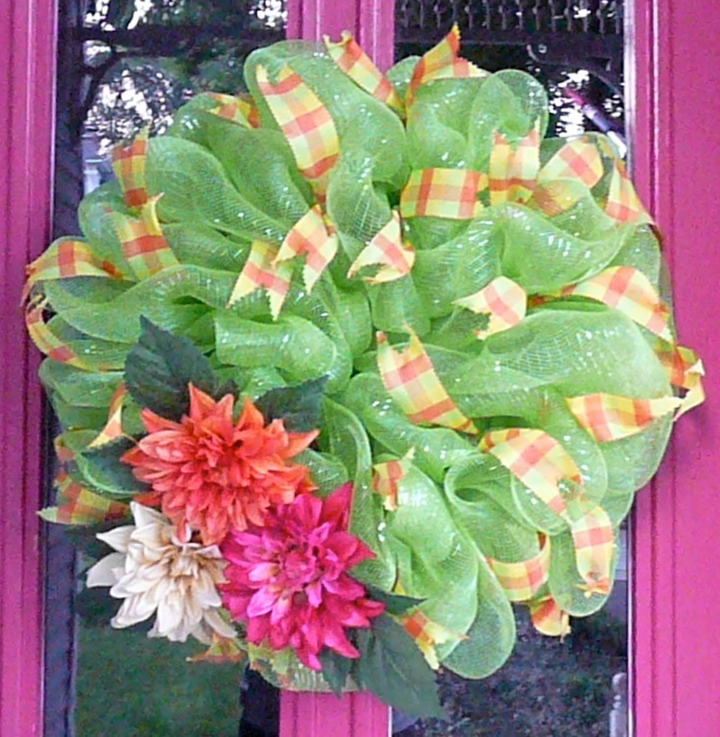 Summer Red/Pink/Orange/Yellow/ Dahlia Deco Mesh Ribbon Wreath