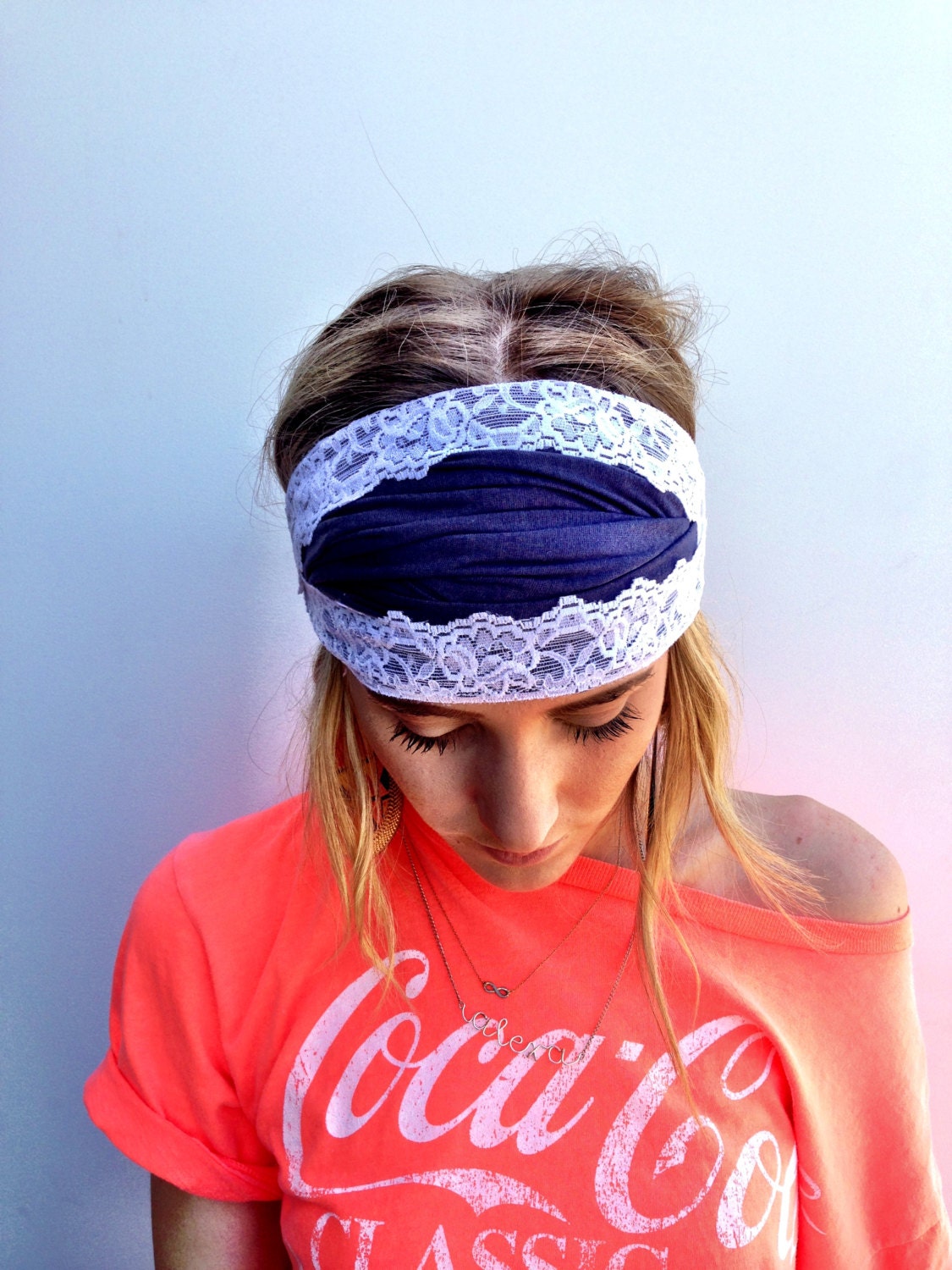 Jersey and Lace Headband Navy Blue Jersey Head Wrap with WHITE Lace Trim Wide Head Wrap