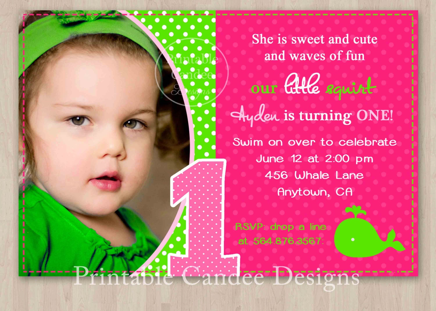 Pink and Green Whale Birthday Invitation - DIY Custom Printable